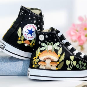 Embroidered Converse, Frog and Mushrooms Embroidered Shoes, Mushrooms Embroidered Sneakers Custom, Converse High Tops Embroidery Mushrooms