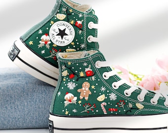 Converse bordados de Navidad, copos de nieve, bastones de caramelo y árboles de Navidad bordados, zapatillas navideñas bordadas a mano, regalo para ella