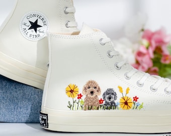 Anpassade sneakers Taylor 1970-tals broderade solrosor, broderade skor med husdjur, anpassade bröllopsbroderade Converse-sneakers med broderade bröllopsskor