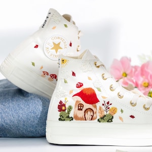 Embroidered Platform Converse, Mushroom House Embroidered Shoes, Custom Converse Platform Mushroom Embroidered Converse Shoes, Mushroom Gift