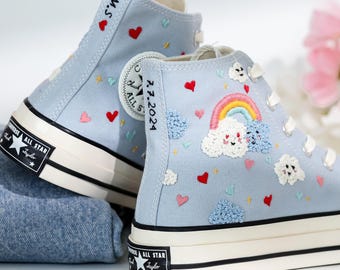 Embroidered Converse Shoes, Kawaii Cloud and Sweet Rainbow Embroidered Sneakers Custom,  Heart Embroidered Converse, Unique Gifts for Her