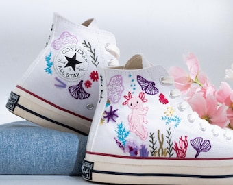Custom Embroidered Converse Chuck Taylor High Tops Ocean Theme, Embroidery Converse Shoes With Vivid Sea Life, Custom Sneakers, Unique Gifts