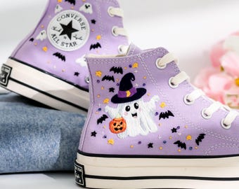 Custom Embroidered Converse Shoes, Cute Magic Ghost Embroidered Shoes, Halloween Vibes Embroidered Sneakers, Pumpkin Embroidery Converse