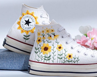 Converse Chuck Taylor High Top bordadas, Converse personalizadas con bordado de girasoles, zapatos de boda con bordado floral, regalo para mujer