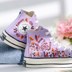 Wedding Converse, Purple Wedding Shoes Embroidery Flower, Bridal Converse Embroidered Floral, Wild Flowers Terracotta Embroidered Sneakers