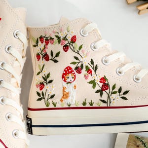 Embroidered Converse, Cat and Strawberry Embroidery Converse, Strawberry Embroidered Shoes, Cute Cat Embroidered Sneaker, Lovely Gift for Her