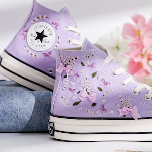 Embroidered Converse, Flower Embroidered Shoes Custom, Lavender Embroidered Sneakers, Custom Converse Chuck Taylor 1970s Embroidered Flower