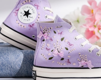 Embroidered Converse, Flower Embroidered Shoes Custom, Lavender Embroidered Sneakers, Custom Converse Chuck Taylor 1970s Embroidered Flower