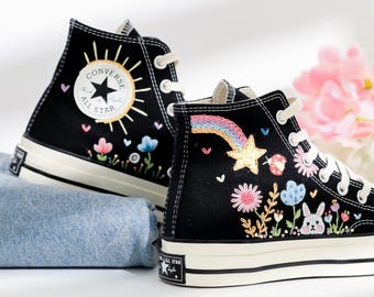 Rainbow Embroidered Converse, Custom Hand Embroidery,  Cute Pattern Floral Shoes, Colorful Converse Sneakers, Fun Gift for Teen Girl