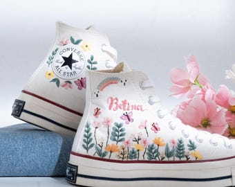 Benutzerdefinierte Hochzeit gestickt Chuck Taylor High Top, Stickerei Frühling Wildflower, gestickte Schuhe für die Braut, Hochzeitsgeschenk