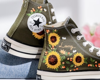 Sunflower Embroidered Converse, Custom High Tops Converse Embroidery Sunflower, Shoes With Embroidered Name and Sunflower, Sunflower Wedding