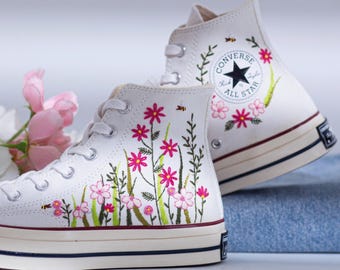 Floral Spring Embroidered Converse Chuck Taylor Womens, Custom Wedding Shoes Embroidery, Romantic Embroidered Sneakers For Bride, Gift Her