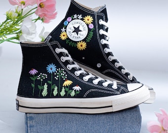 Embroidered Converse Chuck Taylor High Tops, Custom Converse Shoes With Embroidery Floral Garden, Hand Embroidered Sneaker, Handmade Gift