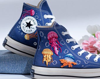 Custom Embroidered Converse Chuck Taylor High Tops Ocean Theme, Converse Embroidery Jellyfish, Unique Embroidered Sneakers, Birthday Gifts