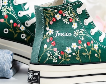 Custom Embroidered Converse, Strawberry Embroidered Converse, Strawberry Embroidered Shoes, Strawberry Name Embroidery Sneaker, Gift for Her