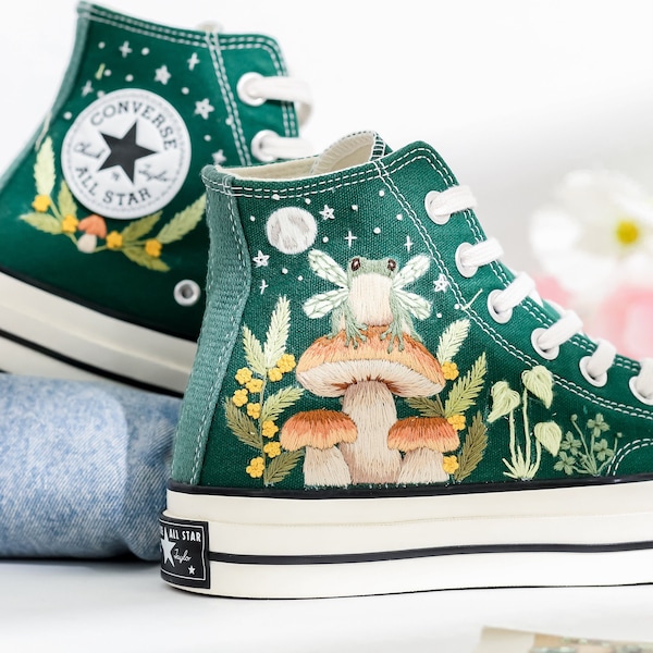 Embroidered Converse Mushroom, Frog, Converse Embroidery Mushroom, Custom Shoes Embroidered Frog and Mushrooms Sneakers, Unique Gift for Her
