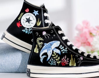 Custom Embroidered Converse, Humpback Whale Embroidered  Shoes, Custom Converse Chuck Taylor 1970 Shark Embroidered, Ocean Vibes Embroidered