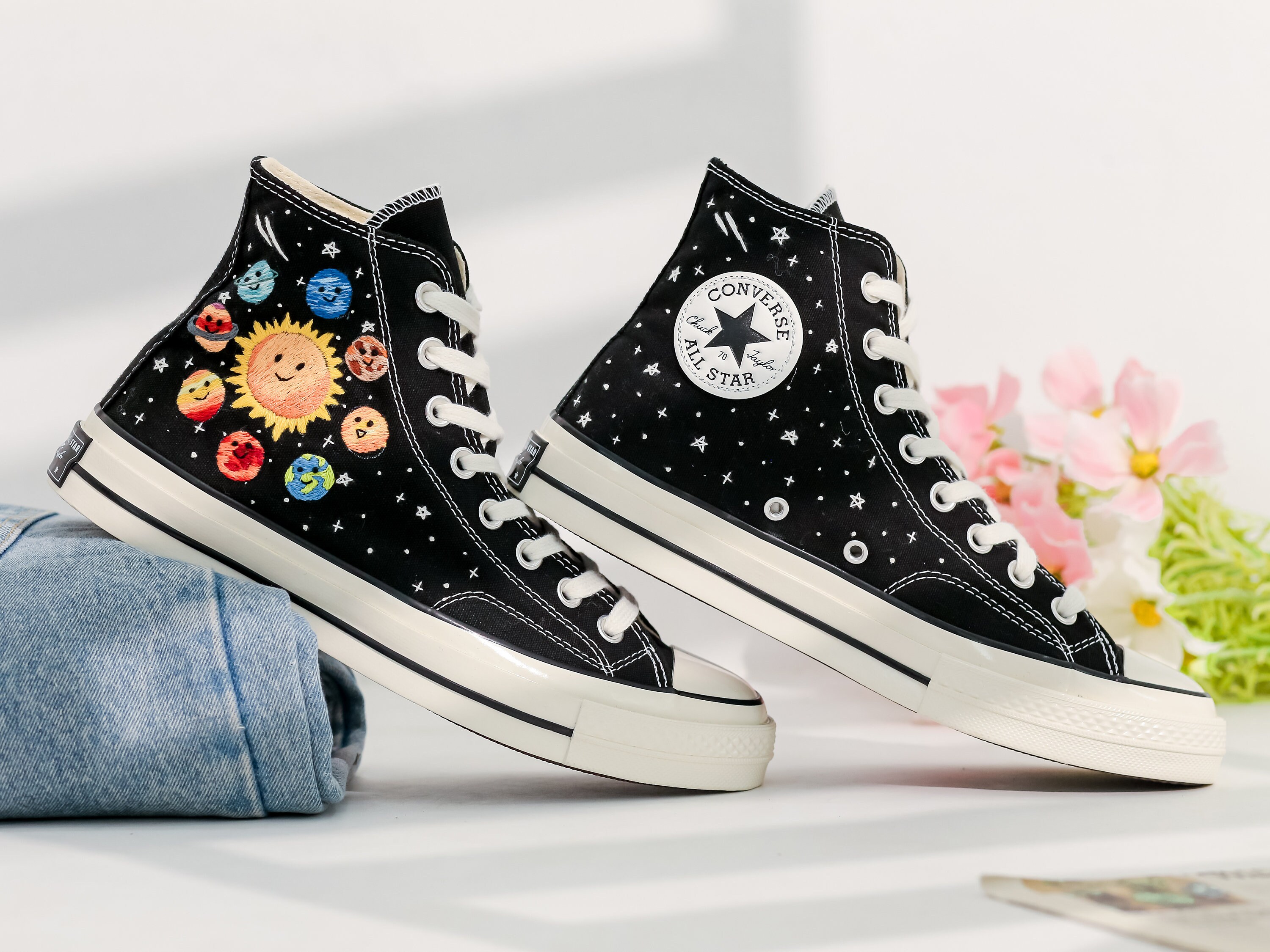 Custom Embroidered Converse High Tops, Sun and Planets Embroidered ...