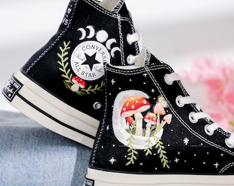 Custom Converse Chuck Taylor Mushrooms, Moon Embroidered Converse Shoes, Butterfly, Mushrooms Embroidery Sneakers, Shoes Embroidery Mushroom