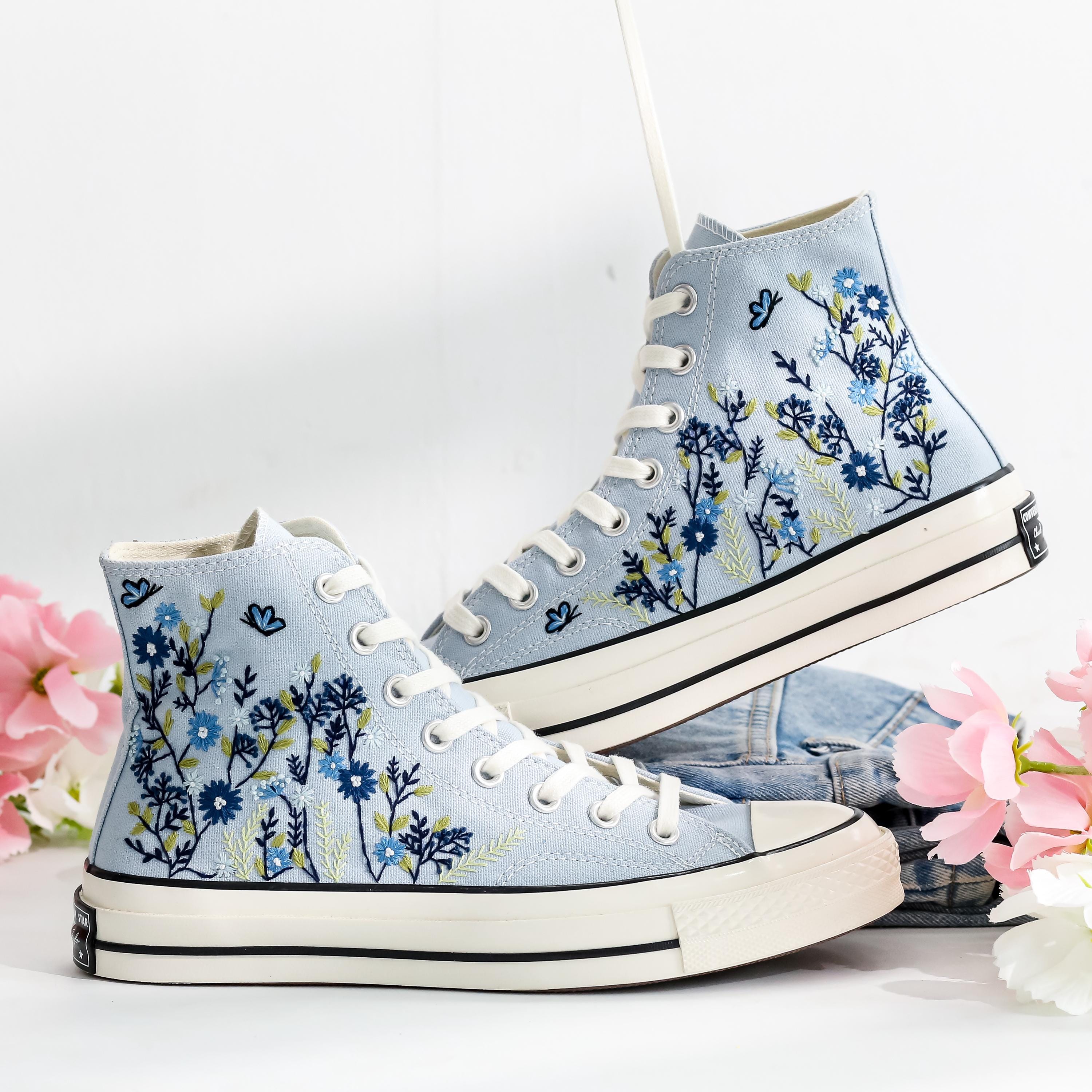 Custom Converse Embroidered Shoes, Blue Flower Embroidered
