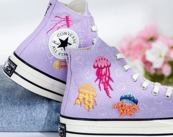 Custom Embroidered Converse High Tops, Custom Converse Chuck Taylor 1970s Jellyfish Embroidered, Ocean Embroidered Shoes Custom, Ocean Gifts