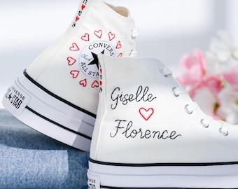 Custom bruiloft Converse platform, hart geborduurde schoenen, naam paar geborduurde sneakers, Converse geborduurd hart, valentijnscadeau