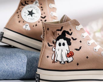 Custom Sneakers Taylor 1970 Embroidered, Ghost Embroidered Shoes, Halloween Vibes Embroidered Sneakers, Embroidery Converse Ghost, Pumpkin