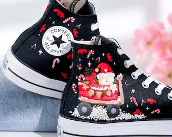 Merry Christmas Embroidered Converse Custom, Santa Claus and Sleigh Embroidered Shoes, Xmas Embroidery Converse, Christmas Lollipop Sneakers
