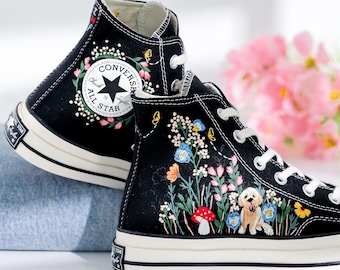 Bröllopsskor för brud, hund och bröllop, blombroderade Converse-skor, blommiga skor, broderade husdjursskor, specialdesignade skor, kattskor, broderade hundskor