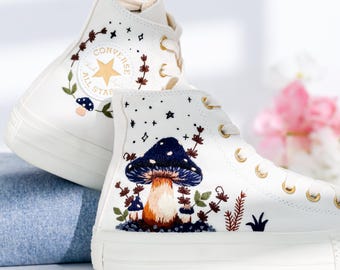 Custom Converse Platform, Mushrooms Embroidered Converse Shoes, Mushrooms Embroidered Converse Custom, Mushrooms Embroidered Sneakers