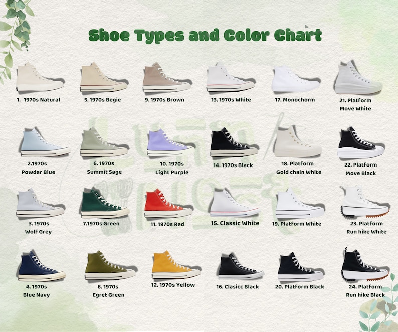 shoe types and color chart