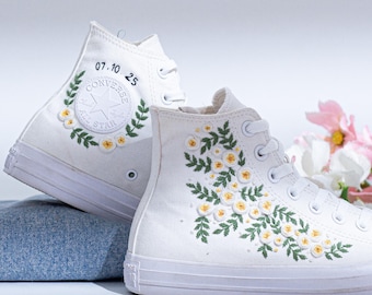 Zapatillas altas Converse Chuck Taylor bordadas para boda, Converse con bordado de rosa blanca, zapatillas de novia bordadas, regalo de boda