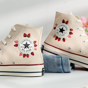 Embroidered Converse, Cat and Strawberry Embroidery Converse, Strawberry Embroidered Shoes, Cute Cat Embroidered Sneaker, Lovely Gift for Her