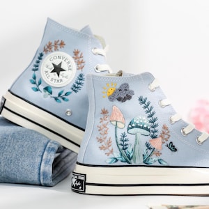 Embroidery Converse, Green Mushrooms Embroidered Converse, Pine Tree Leaves and Garden Mushrooms, Sun, Cloud Embroidered Shoes, Gift for Her