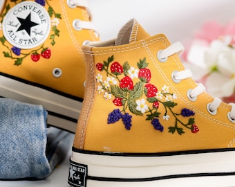 Custom Converse Embroidered Strawberry, Strawberry Embroidered Shoes, Strawberry and Bunch of Grapes Embroidery Converse, Anniversary Gifts