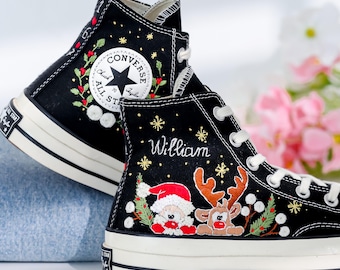 Reindeer Santa Christmas Embroidery Shoes, Merry Christmas Embroidered Converse, Christmas Snowflakes Candy Sneakers, Best Gift Christmas