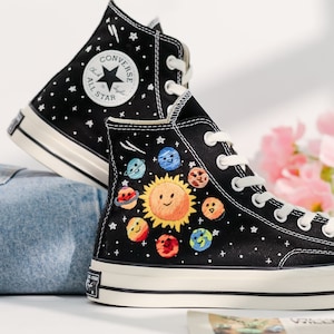 Custom Embroidered Converse High  Tops, Sun and Planets Embroidered Shoes, Solar System Embroidered Sneaker, Galaxies and Stars Embroidery