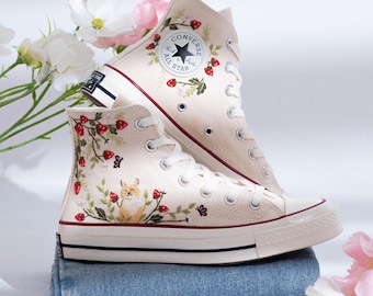Zapatillas altas Converse Chuck Taylor bordadas a mano, zapatillas personalizadas con bordado de gato y fresa, zapatillas Converse bordadas, regalo de boda