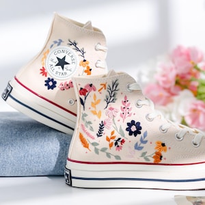 Embroidered Wedding Converse Rustic for Bride, Wildflower Embroidered Shoes Custom, Floral Embroidered Converse Beige Fall, Wedding Sneaker