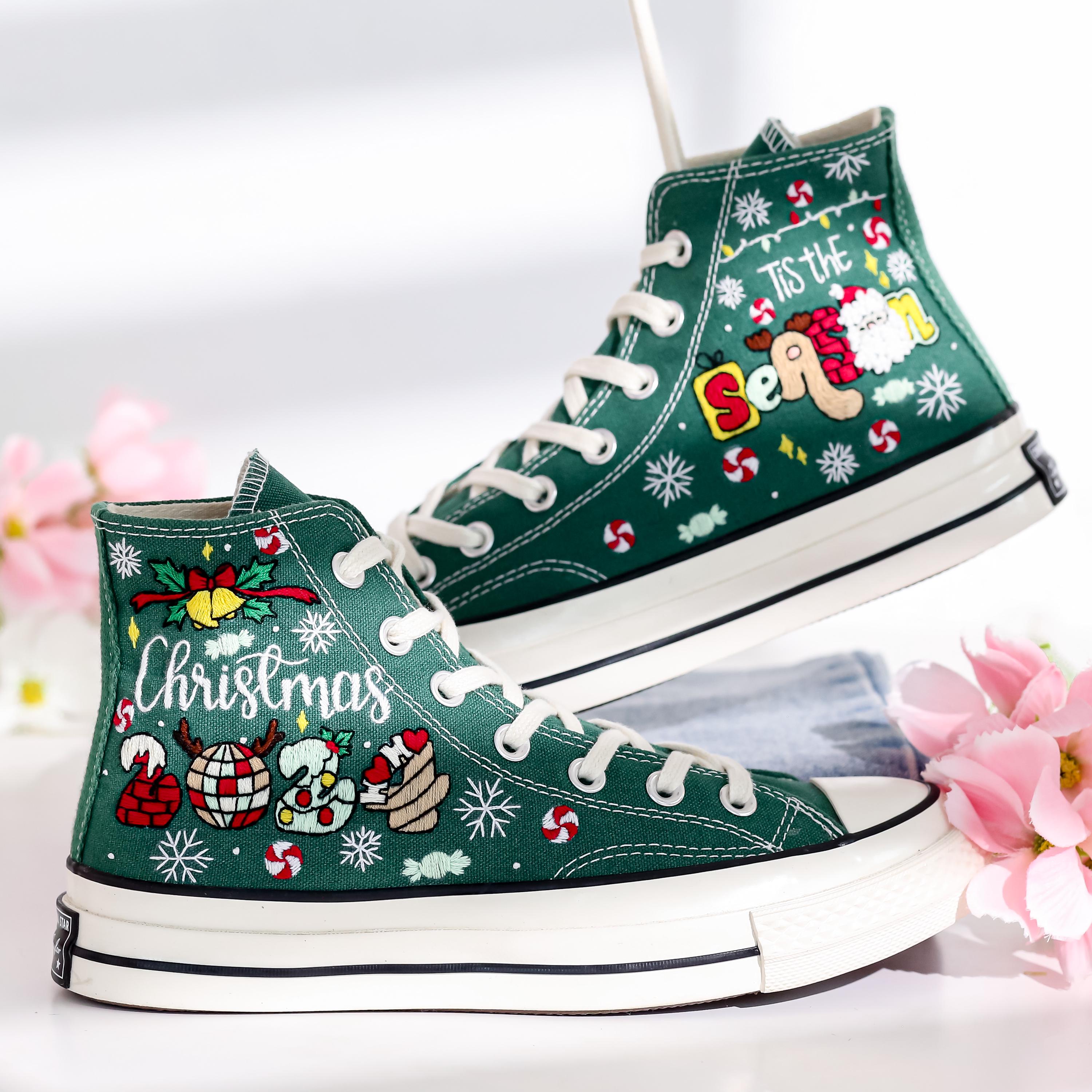 Custom Christmas 2024 Converse, Xmas Embroidered Shoes, Customized
