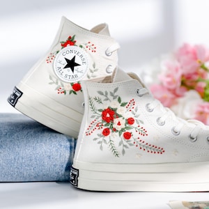 Custom Converse Chuck Taylor Embroidered, Embroidered Converse Custom Wedding Flowers, Embroidered Converse, Personalized Bride Sneakers