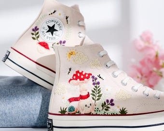 Custom Funny Mushroom Embroidered Converse, Shoes  Embroidery  Mushrooms, Floral, Bee, Flower Embroidered Sneakers, Gift for Mushroom Hobies