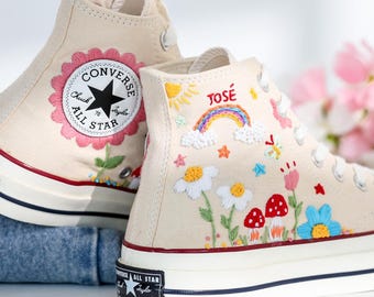 Embroidered Converse Mushroom, Daisy, Rainbow,  Custom Converse Embroidery Mushroom, Cute Shoes Embroidered Bee, Mushrooms, Gift for Her