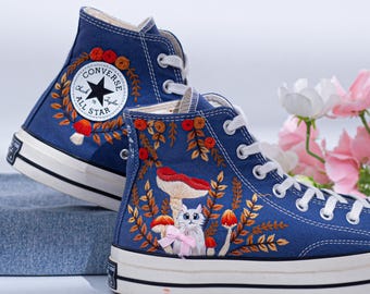 Embroidered Converse Chuck Taylor High Tops Navy Blue, Custom Converse Embroidery With Mushroom & Cat, Unique Embroidered Sneaker, Gift Idea