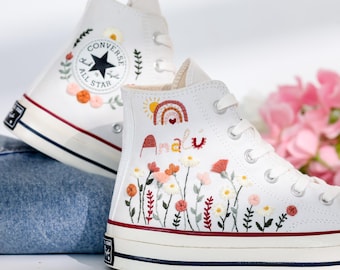 Custom Embroidered Wedding Converse, Rainbow, Flower Garden Embroidered Shoes, Floral Embroidery Bridal Sneaker, Boho Wedding Gift for Bride
