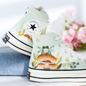 Custom Wedding Converse High Tops, Mushroom Embroidered Shoes, Mushroom and Frog Embroidered Sneakers, Personalized Gifts for Girlfriend
