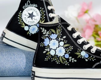 Custom Converse Chuck Taylor Blue Flower Embroidered Converse Shoes, Flower Embroidered Shoes, Sneaker  Embroidery Floral, Birthday Gifts