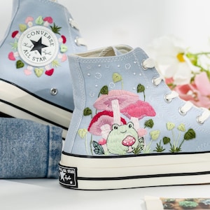 Custom Embroidered Converse, Mushroom and Frog Embroidered Shoes, Frog, Mushrooms Embroidered Converse, Mushroom Embroidered Sneakers Custom