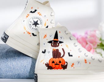 Custom Embroidered Converse Shoes, Cute Magic Ghost Embroidered Shoes,Pumpkin Embroidery Converse, Halloween Vibes Embroidered Sneakers