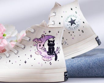 Custom Halloween Embroidered Converse High Tops, Skull And Witchy Cat Embroidered Sneakers, Converse Embroidery Halloween Moon, Unique Gift